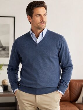 Brooks Brothers Saxxon Wool V Neck Sweater Mens XL Blue 100% Wool Classic